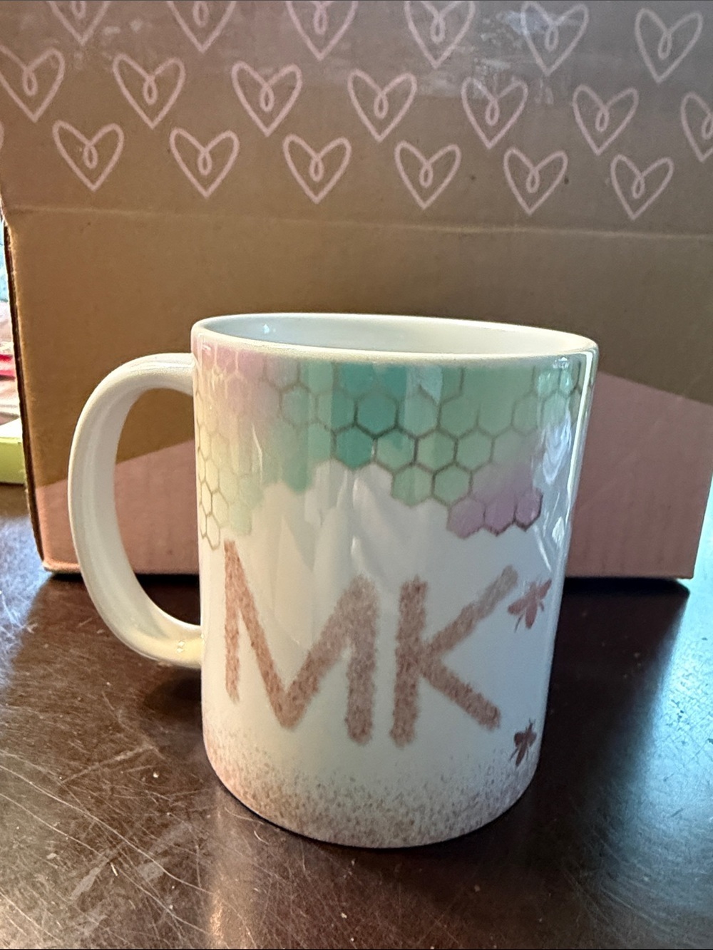 Mary Kay Hexagon Pattern Ceramic Mug in White, Mint & Pink
